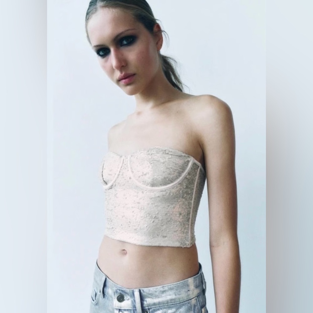NWOT Zara Champagne Sequins Corset Top Size Medium